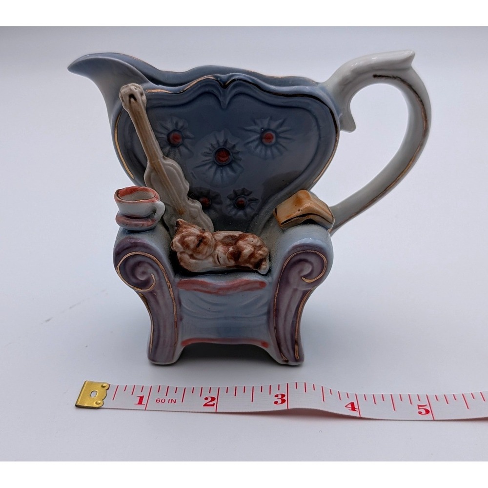 Vintage Ceramic Armchair Creamer Pitcher Sleeping Cat Violin Gold Gilt Blue